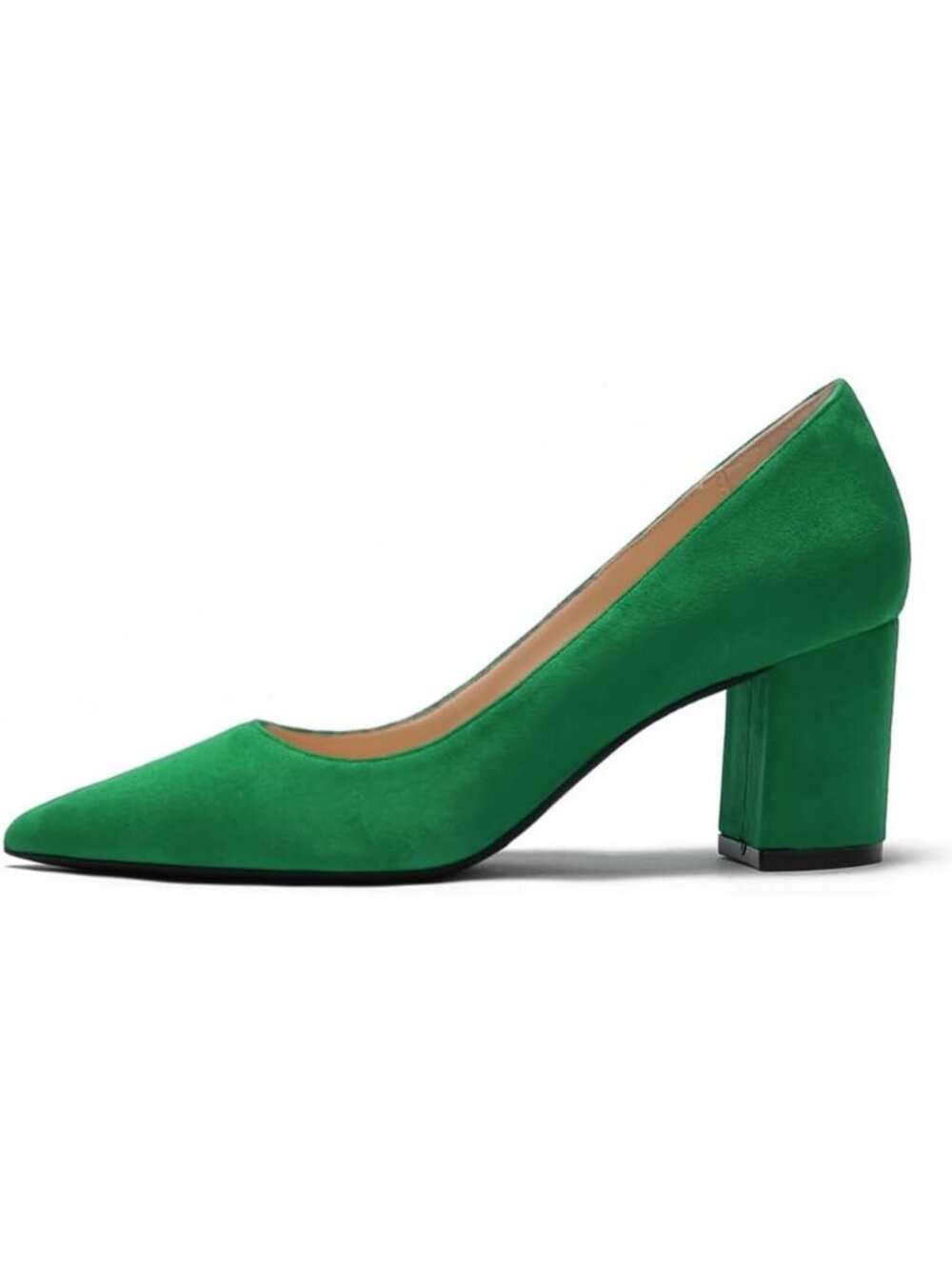 Women's Green Suede Sleek Pointed Toe Comfortable Chunky Block Heel Dress Pumps